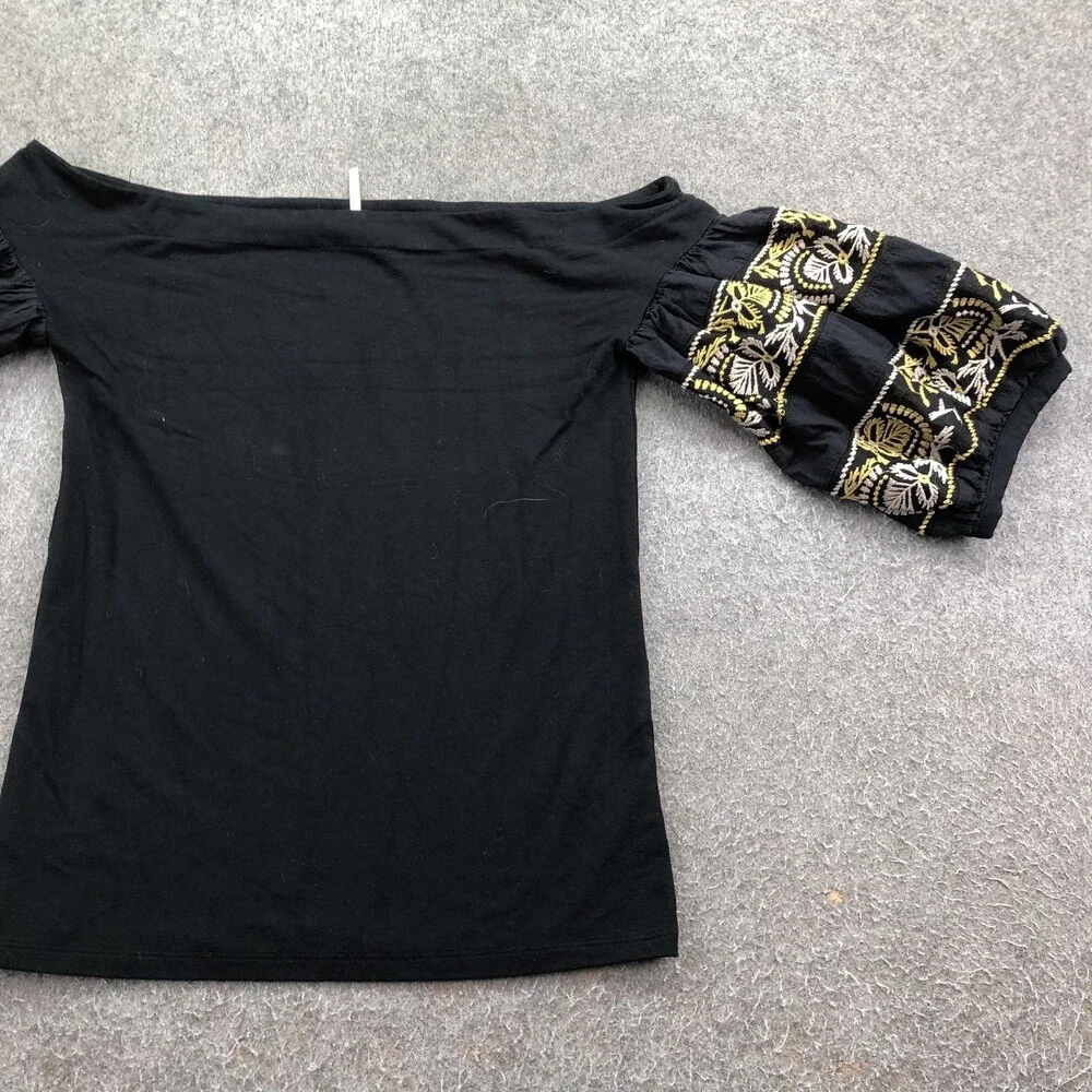 Free People Blouse Womens Small Black Embroidered Off Shoulder Balloon Sleeve